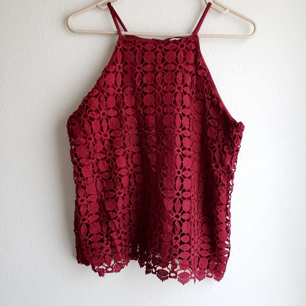 🌼Monteau Burgundy Halter Top, Crocheted